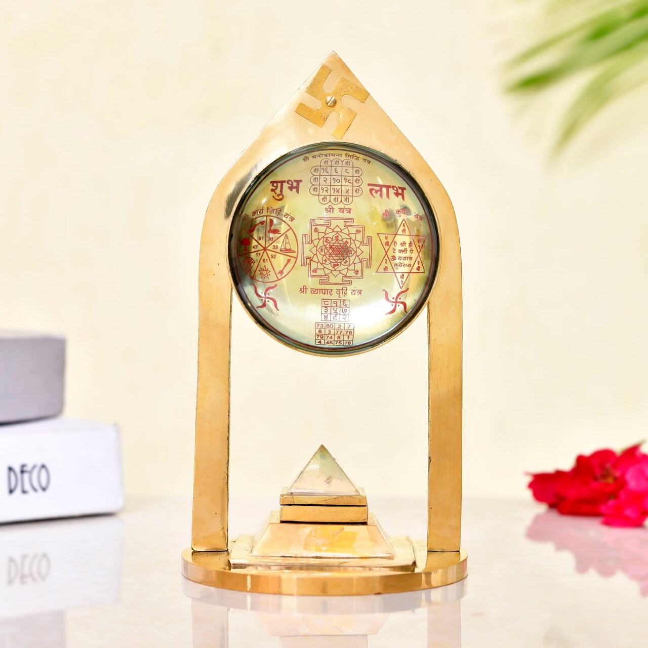 Vastu Pillar Pyramid and Shri Yantra with Magnifying Glass 3 Layer Shree Yantra Wish Pyramid for Good Luck Home Office Decor - Perfect for Meditation Spaces (8 x 4 Inch)